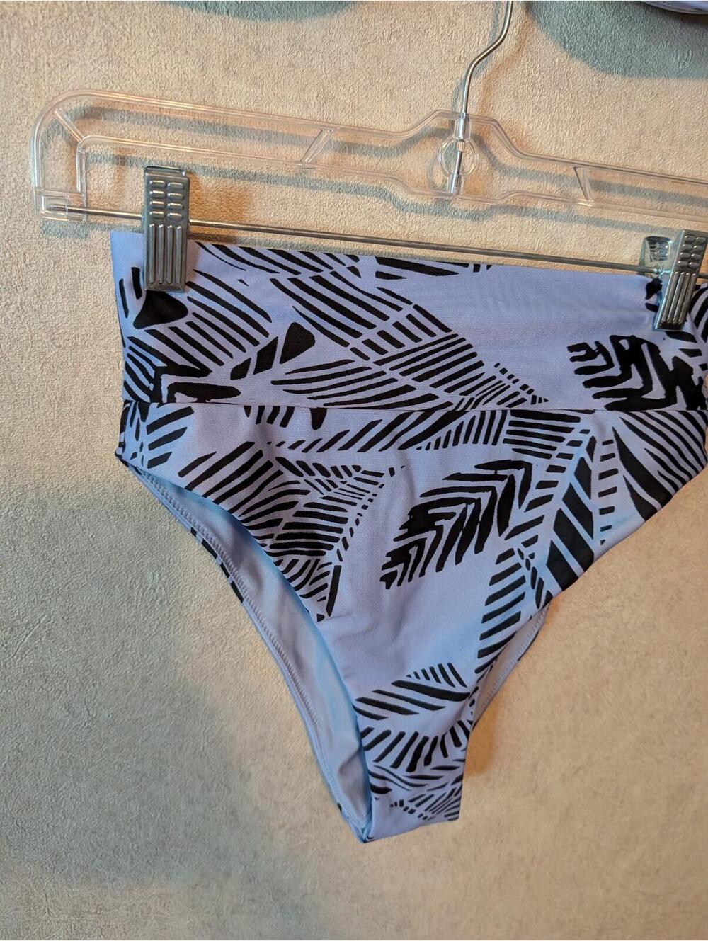 AERIE blue black palm leaf printed short sleeve bikini sz S - Picture 3 of 8